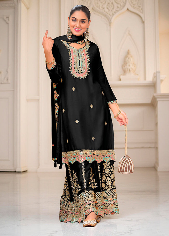 3 Pc Black Silk Plazzo Suits Set
