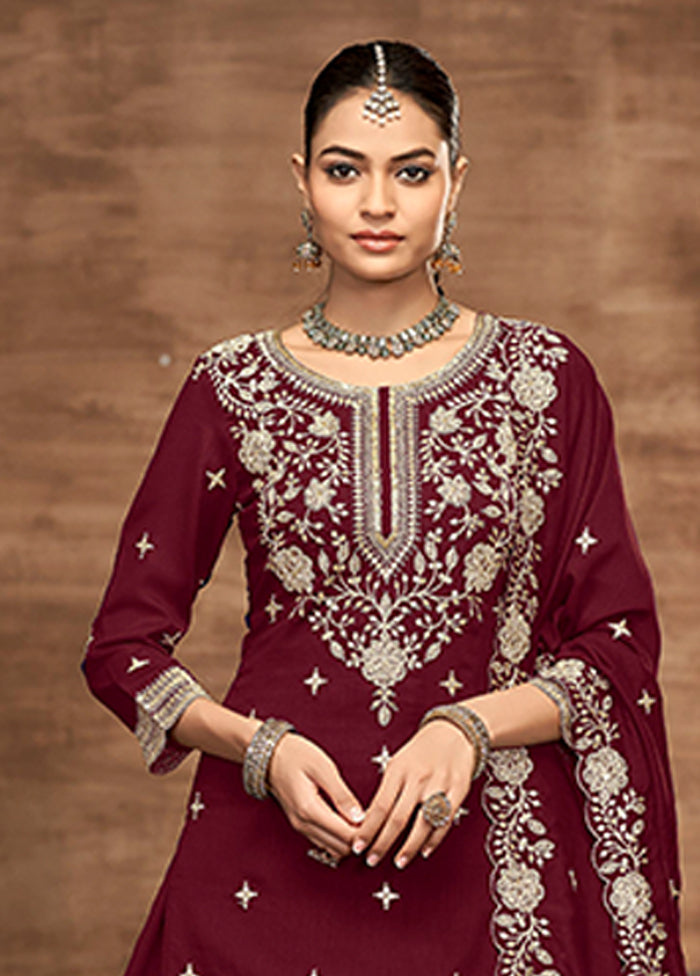 3 Pc Maroon Silk Suit Set