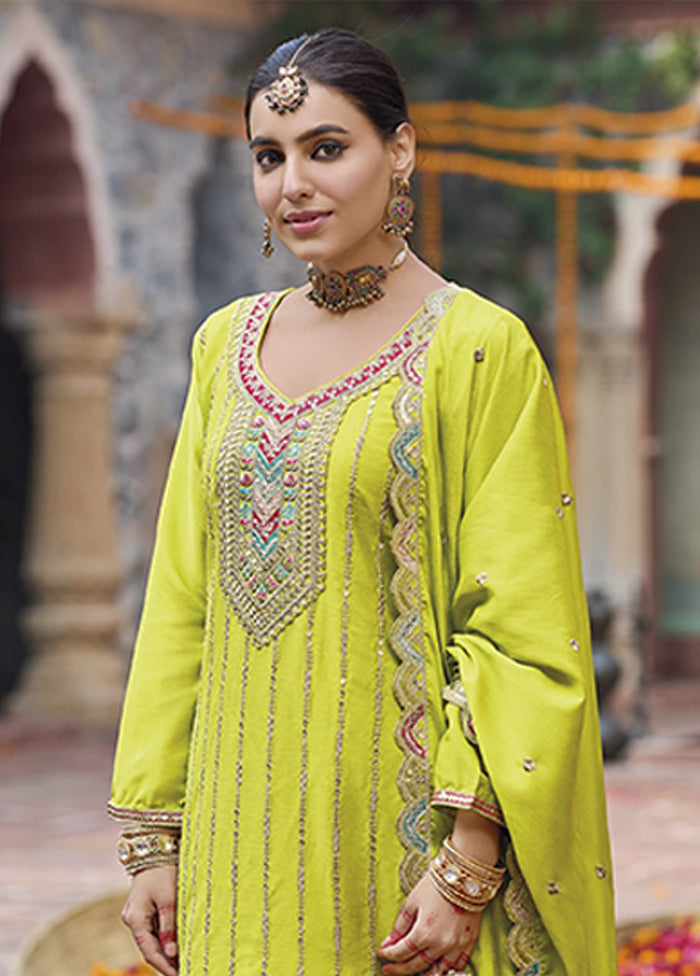 3 Pc Yellow Silk Plazzo Suits Set