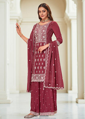3 Pc Wine Silk Plazzo Suits Set