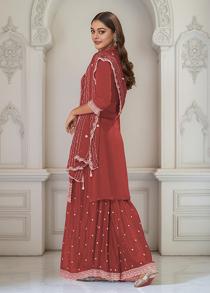 3 Pc Brown Silk Plazzo Suits Set