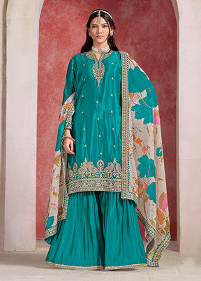 3 Pc Green Silk Sharara Suits Set