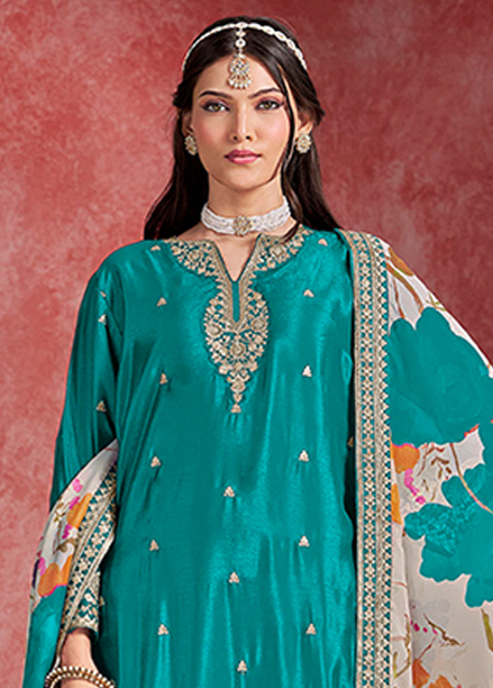 3 Pc Green Silk Sharara Suits Set