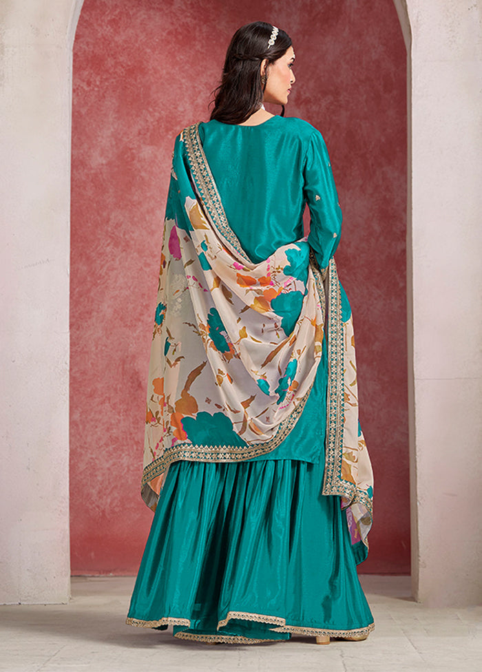 3 Pc Green Silk Sharara Suits Set