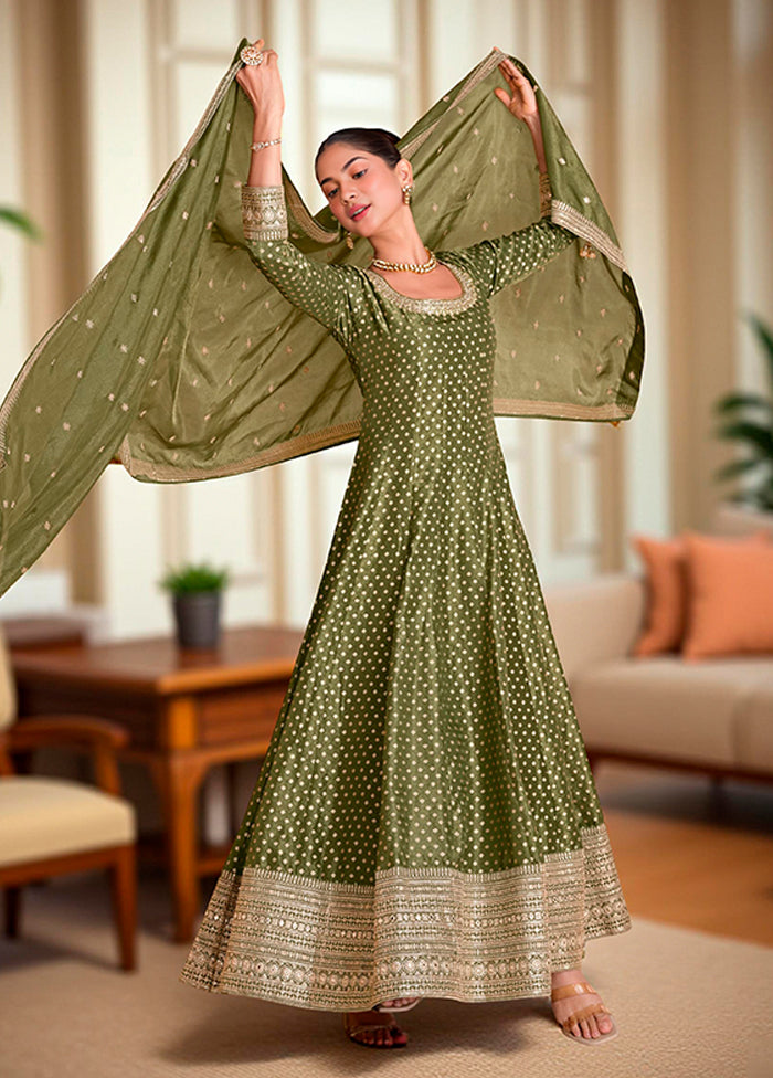 3 Pc Green Silk Anarkali Suits Set