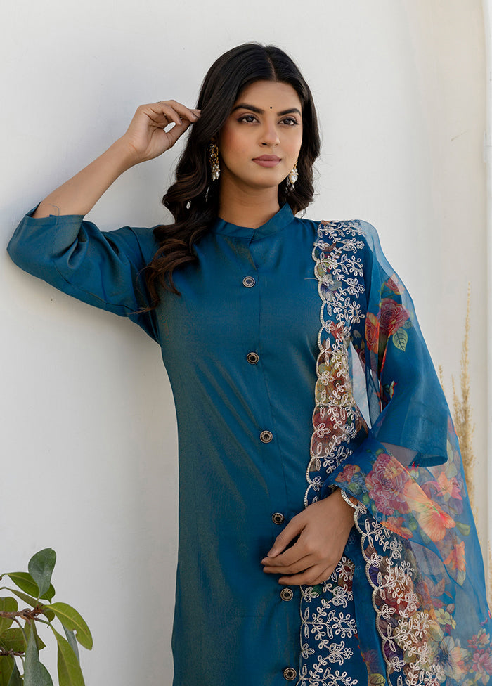3 Pc Blue Silk Suit Set