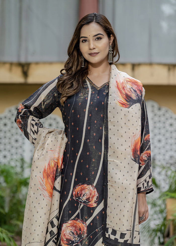 3 Pc Black Silk Suit Set