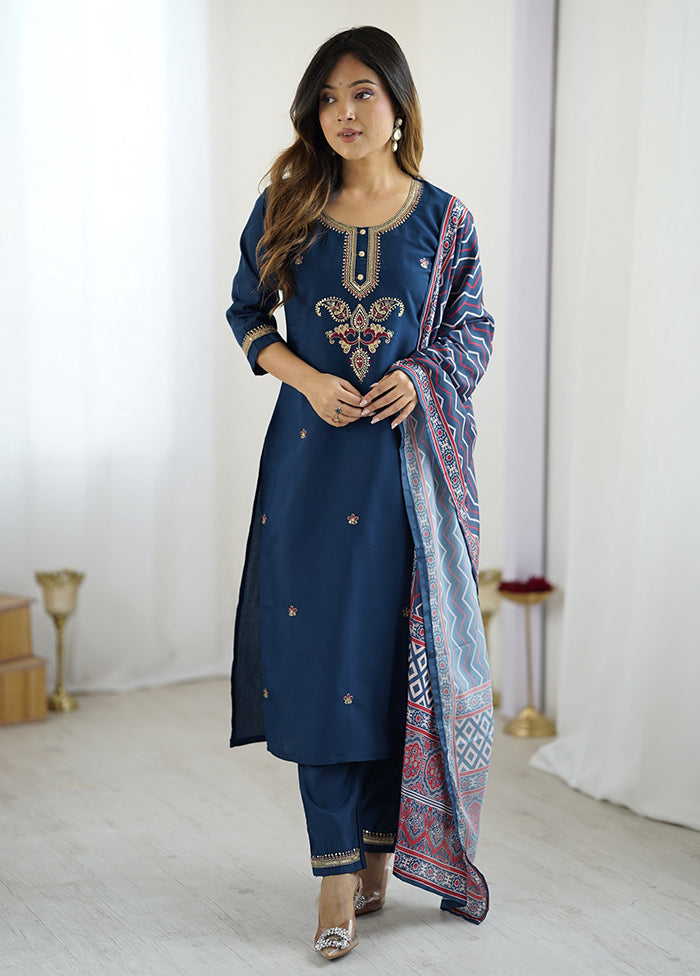 3 Pc Blue Cotton Suit Set