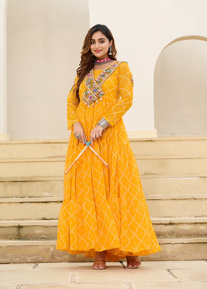 Yellow Bandhani Printed Work Georgette Gown