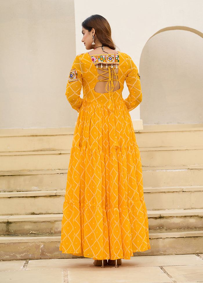 Yellow Bandhani Printed Work Georgette Gown