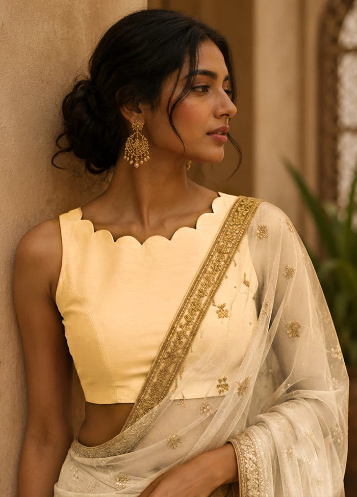 Cream Boat Neck Designer Blouse
