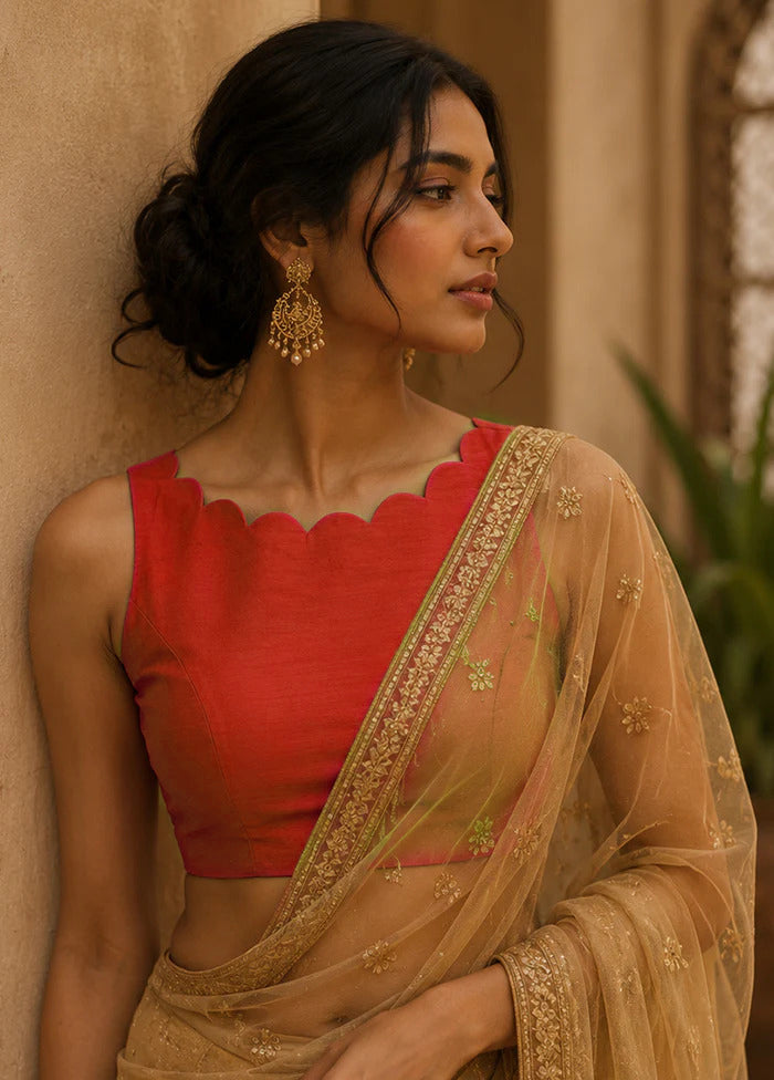 Red Boat Neck Designer Blouse