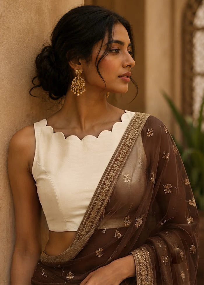 White Boat Neck Designer Blouse