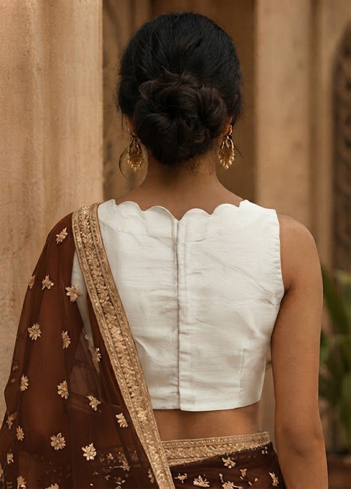 White Boat Neck Designer Blouse