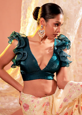 Teal Green V Neck Designer Blouse