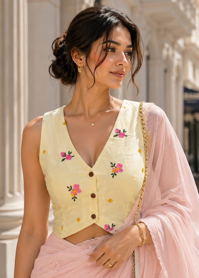 Light Yellow V Neck Designer Blouse