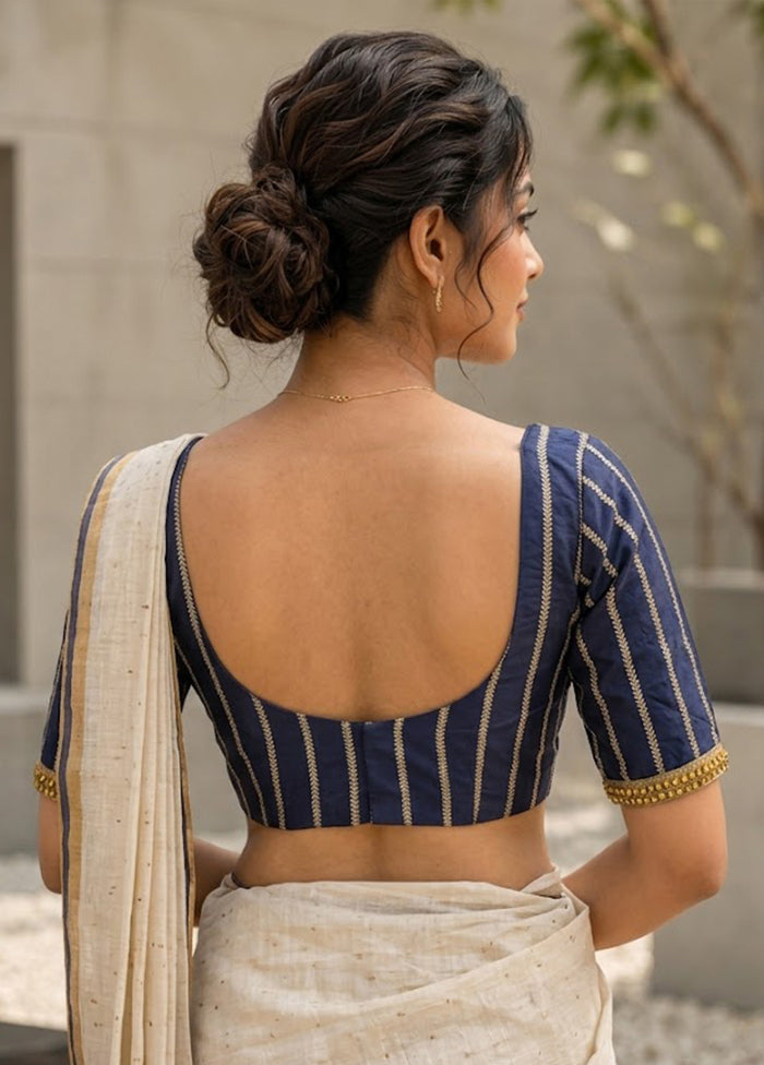 Navy Blue Round Neck Designer Blouse