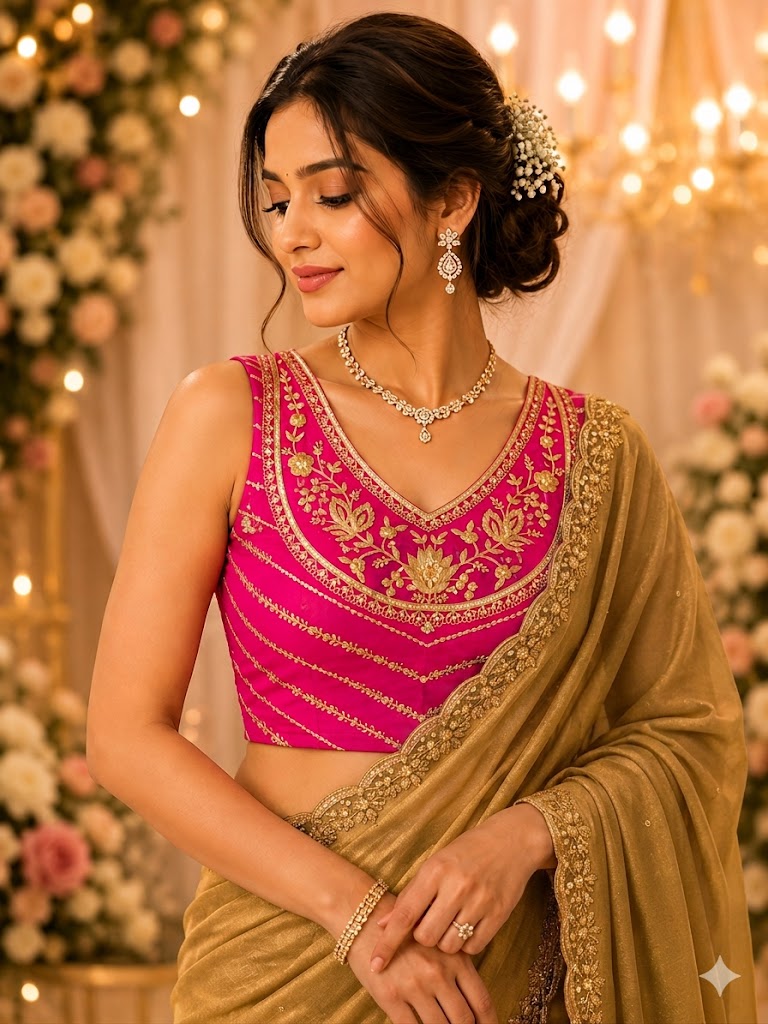 Rani Pink V Neck Designer Blouse
