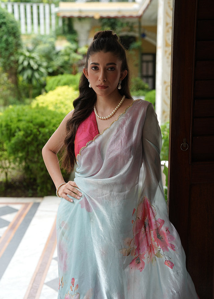Blue Organza Saree With Blouse Piece