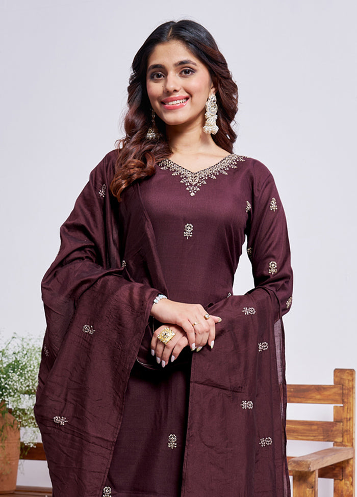 3 Pc Brown Silk Suit Set
