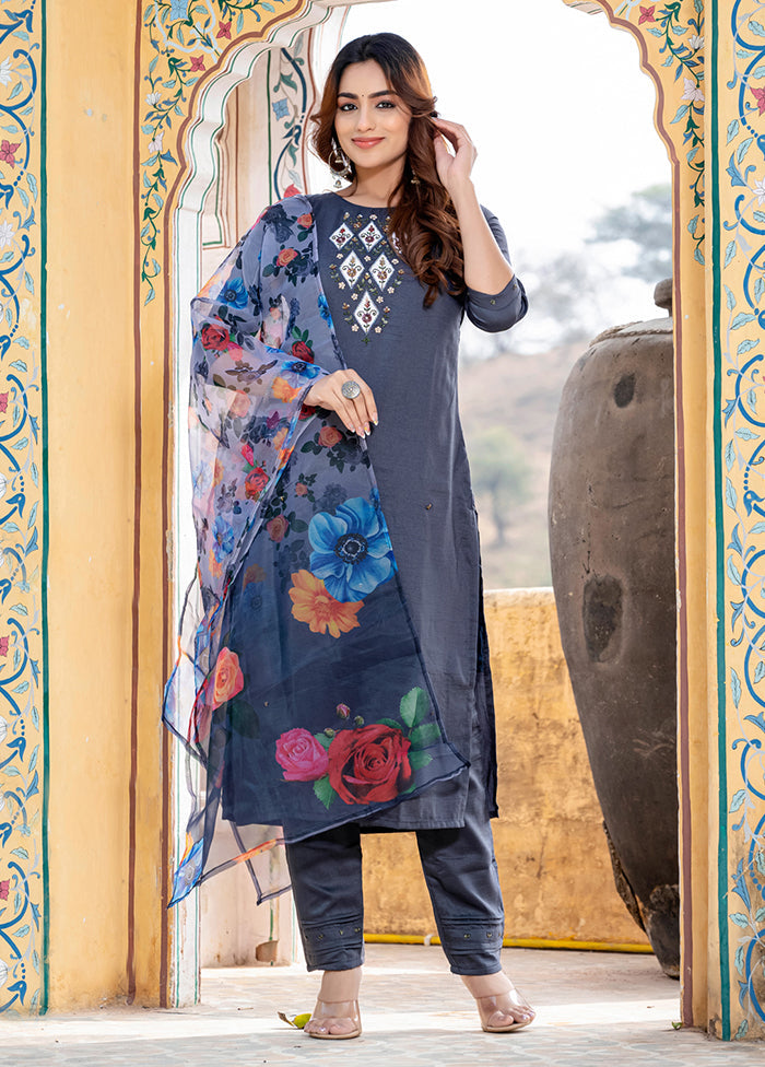 3 Pc Grey Silk Suit Set