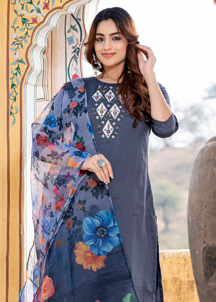 3 Pc Grey Silk Suit Set