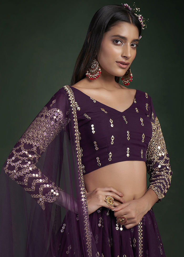 Wine Semi Stitched Embroidered Lehenga Choli Set With Dupatta - Indian Silk House Agencies