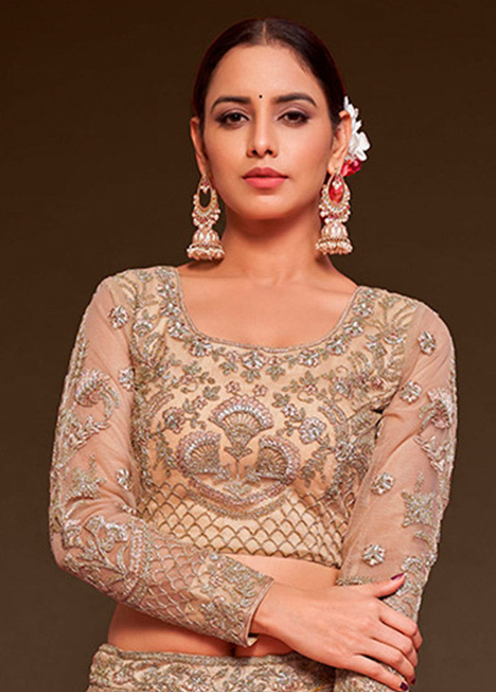 3 Pc Beige Semi Stitched Pure Net Lehenga Set - Indian Silk House Agencies