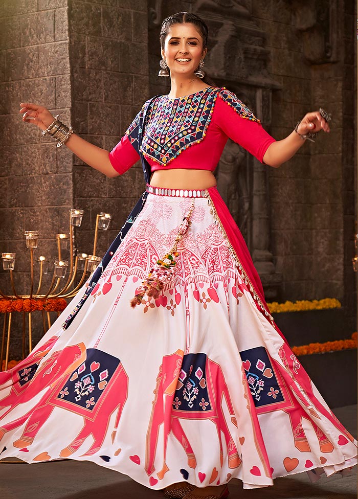 3 Pc White Rayon Semi Stitched Lehenga Set - Indian Silk House Agencies