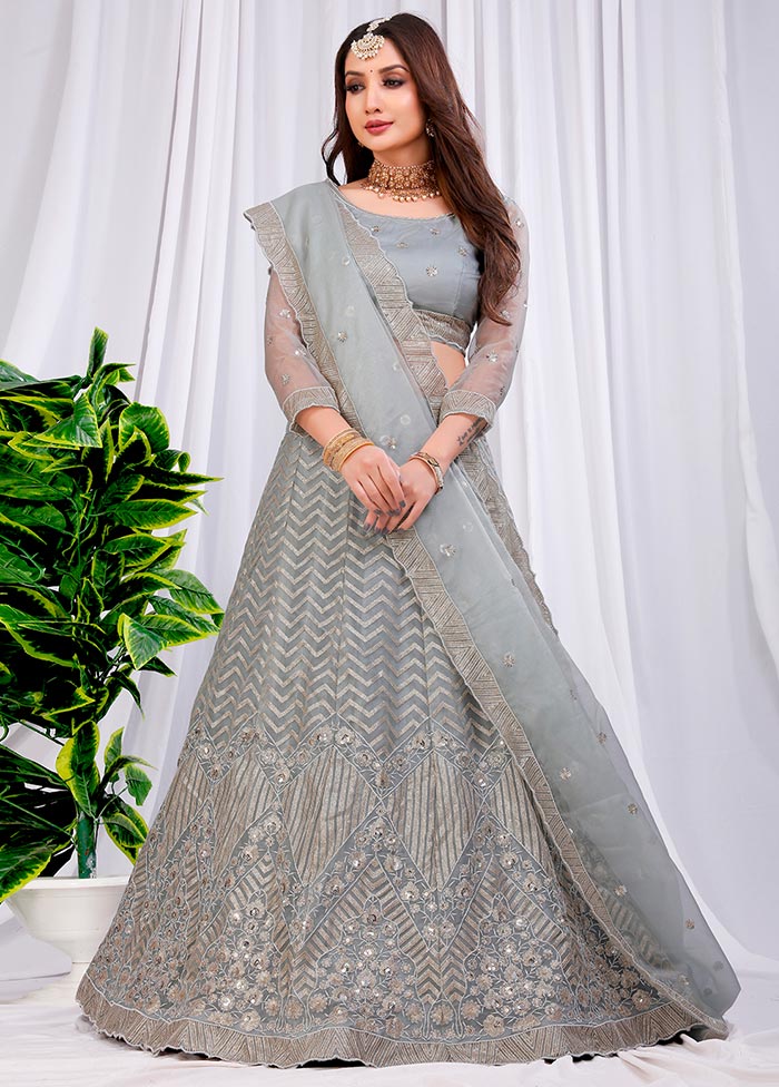 3 Pc Grey Net Semi Stitched Lehenga Set - Indian Silk House Agencies