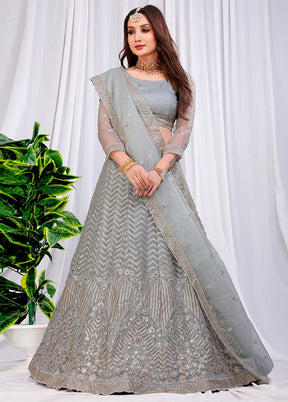 3 Pc Grey Net Semi Stitched Lehenga Set - Indian Silk House Agencies