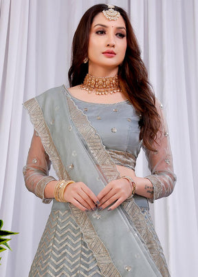 3 Pc Grey Net Semi Stitched Lehenga Set - Indian Silk House Agencies
