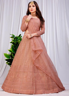 3 Pc Brown Net Semi Stitched Lehenga Set - Indian Silk House Agencies