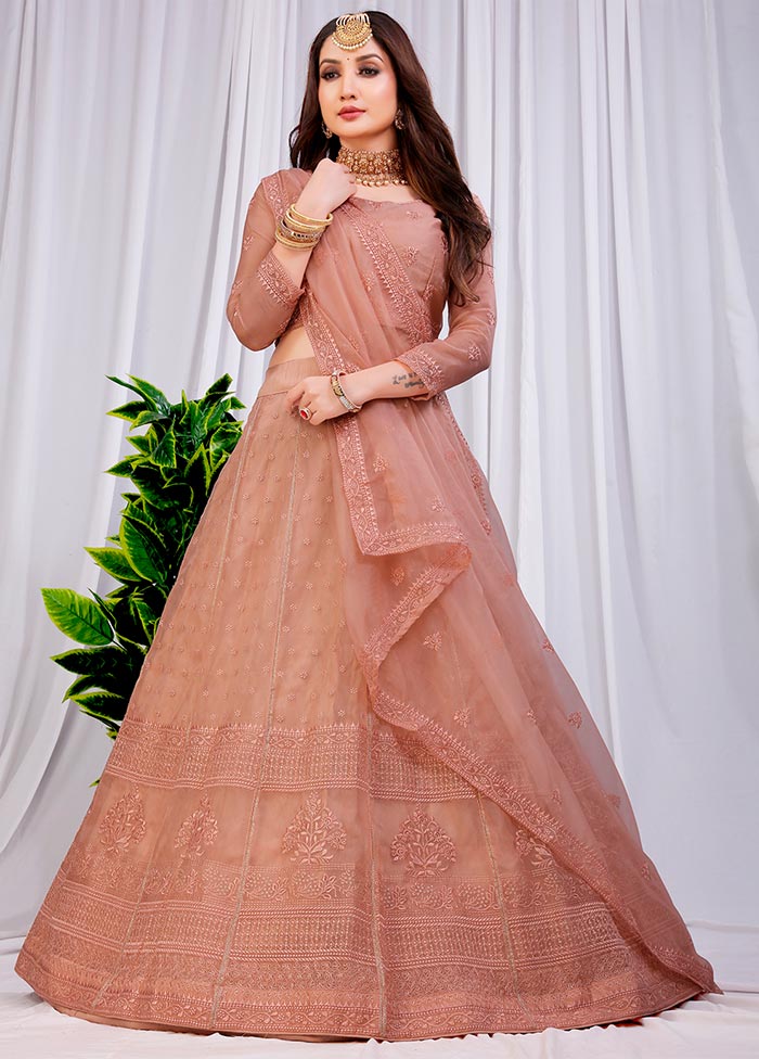 3 Pc Brown Net Semi Stitched Lehenga Set - Indian Silk House Agencies