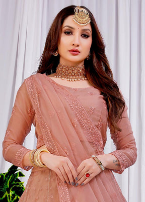 3 Pc Brown Net Semi Stitched Lehenga Set - Indian Silk House Agencies