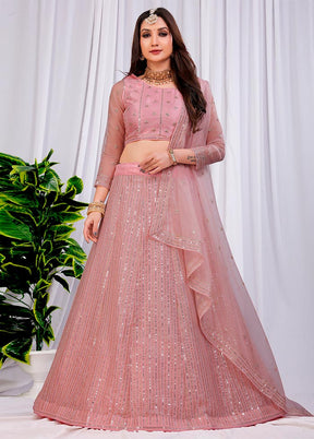 3 Pc Pink Net Semi Stitched Lehenga Set - Indian Silk House Agencies