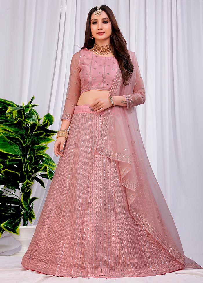 3 Pc Pink Net Semi Stitched Lehenga Set - Indian Silk House Agencies