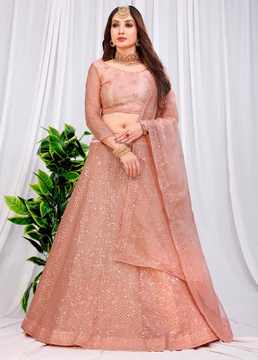 3 Pc Peach Net Semi Stitched Lehenga Set - Indian Silk House Agencies