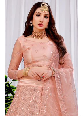 3 Pc Peach Net Semi Stitched Lehenga Set - Indian Silk House Agencies