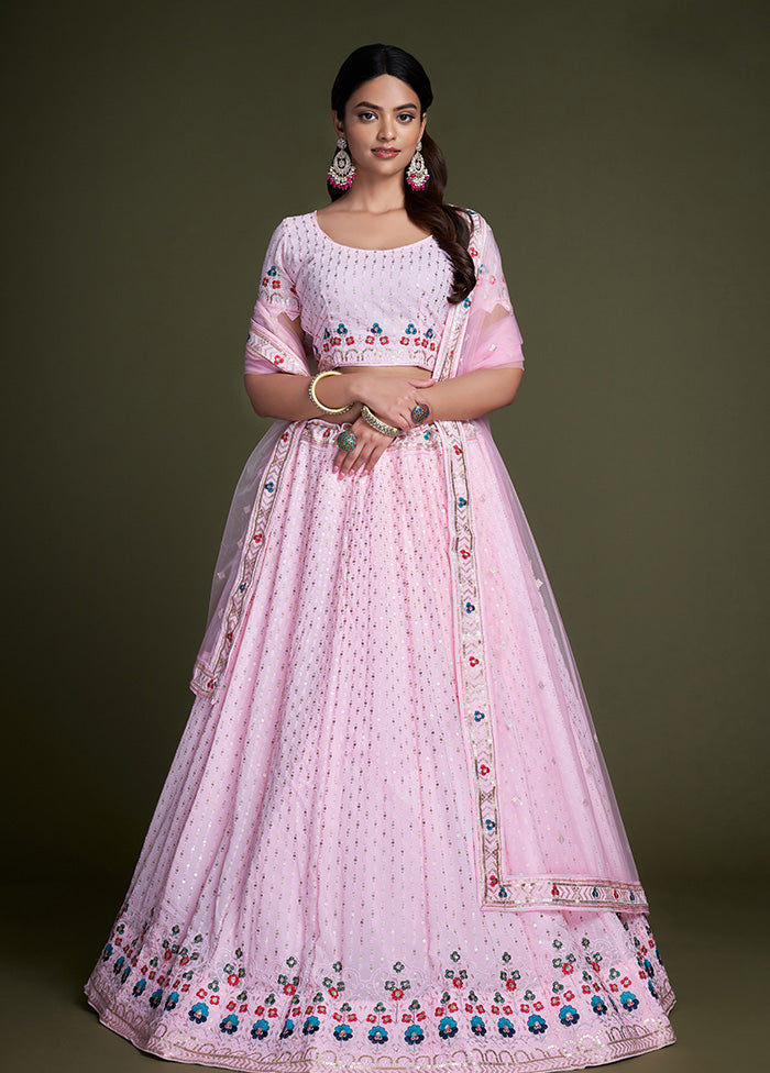 3 Pc Pink Georgette Semi Stitched Lehenga Set - Indian Silk House Agencies