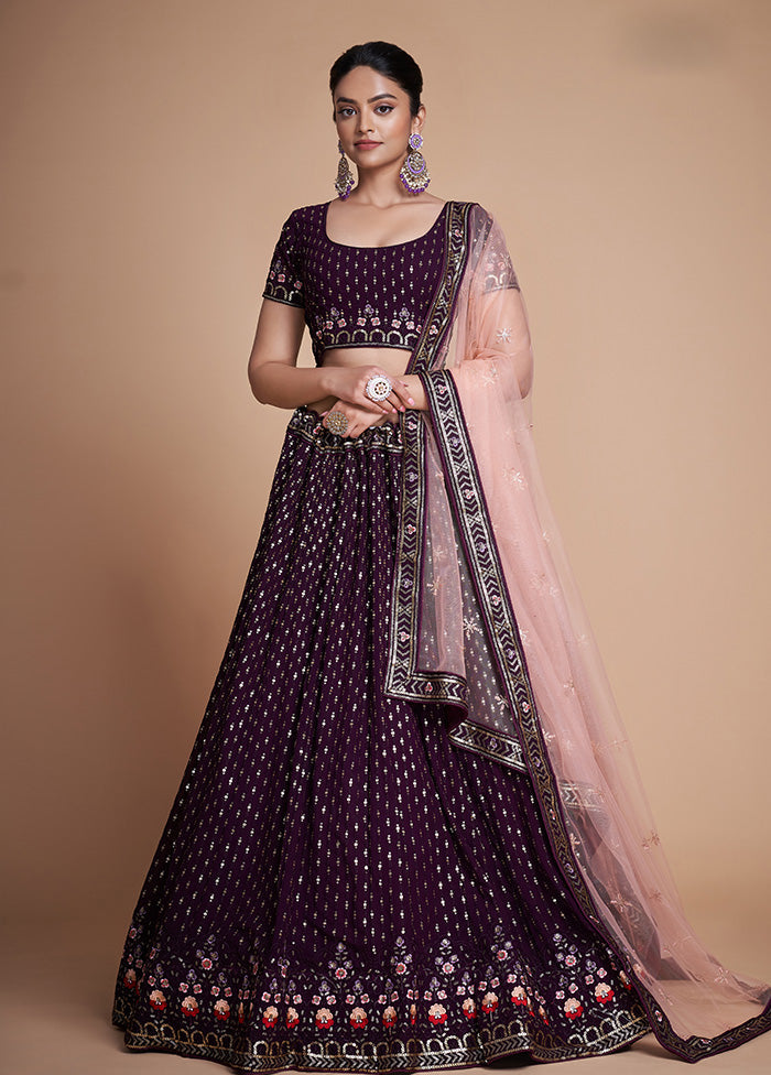 3 Pc Wine Georgette Semi Stitched Lehenga Set - Indian Silk House Agencies