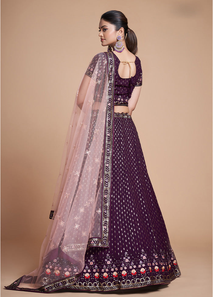 3 Pc Wine Georgette Semi Stitched Lehenga Set - Indian Silk House Agencies