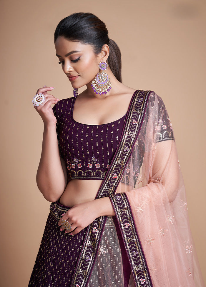 3 Pc Wine Georgette Semi Stitched Lehenga Set - Indian Silk House Agencies