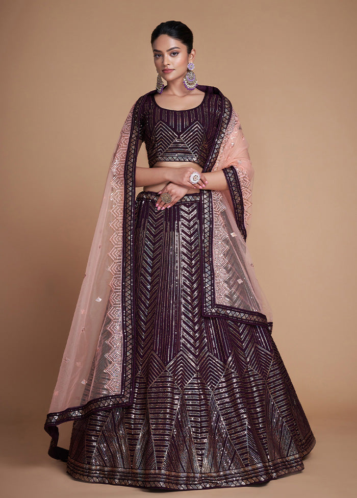 3 Pc Wine Georgette Semi Stitched Lehenga Set - Indian Silk House Agencies