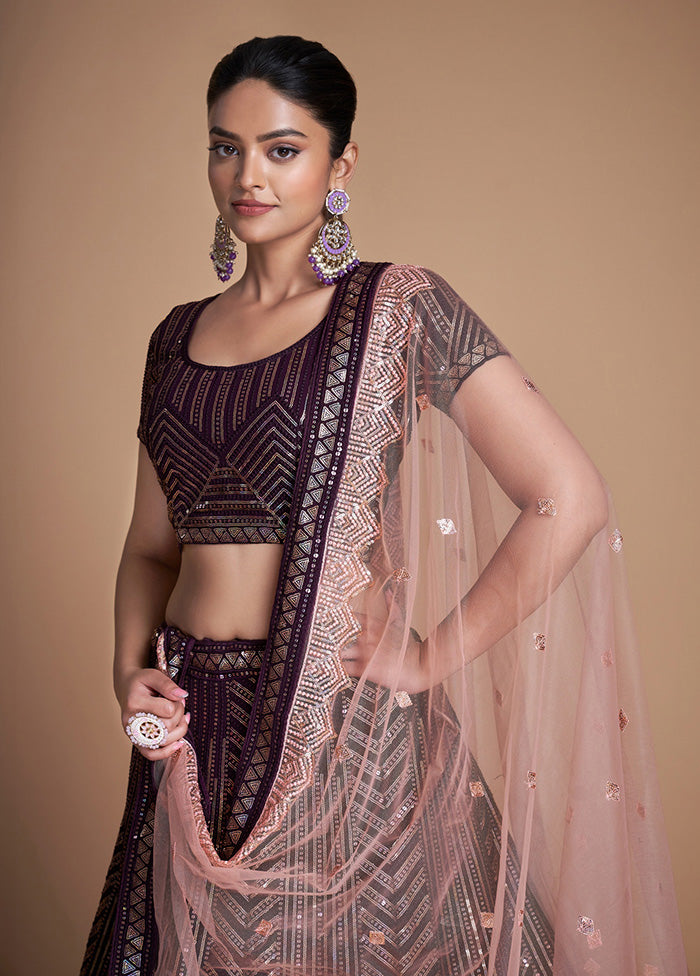 3 Pc Wine Georgette Semi Stitched Lehenga Set - Indian Silk House Agencies