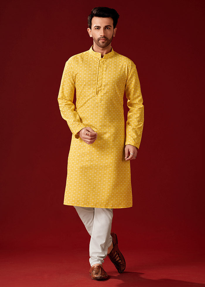 2 Pc Yellow Cotton Kurta And Pajama Set - Indian Silk House Agencies