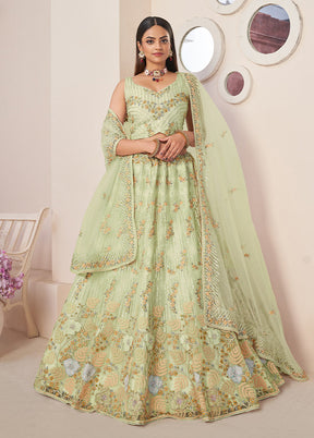 3 Pc Pista Green Pure Net Semi Stitched Lehenga Set - Indian Silk House Agencies