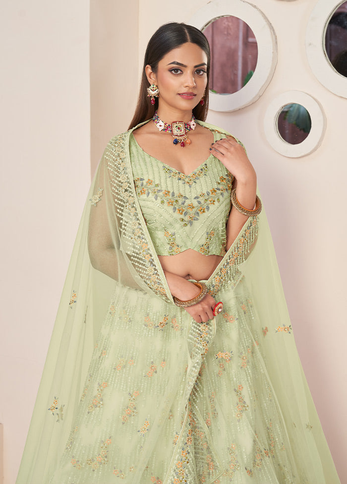 3 Pc Pista Green Pure Net Semi Stitched Lehenga Set - Indian Silk House Agencies