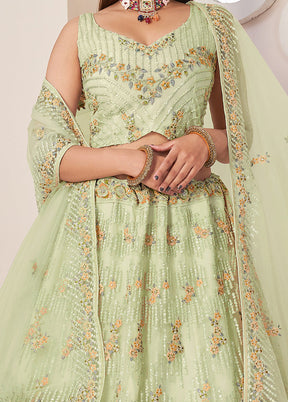 3 Pc Pista Green Pure Net Semi Stitched Lehenga Set - Indian Silk House Agencies