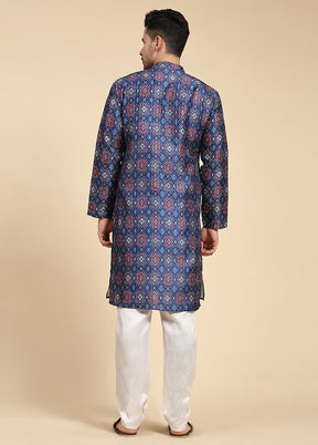 Multicolor Mandarin Collar Dupion Silk Kurta - Indian Silk House Agencies